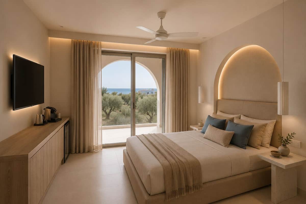 A bedroom with a large bed, a TV, a ceiling fan, and a view of the outdoors.