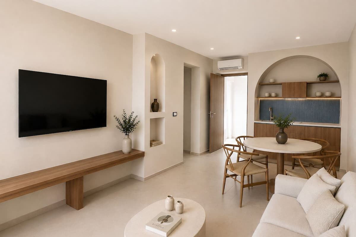 A modern living room with a flat-screen TV, a round dining table, and a sofa.