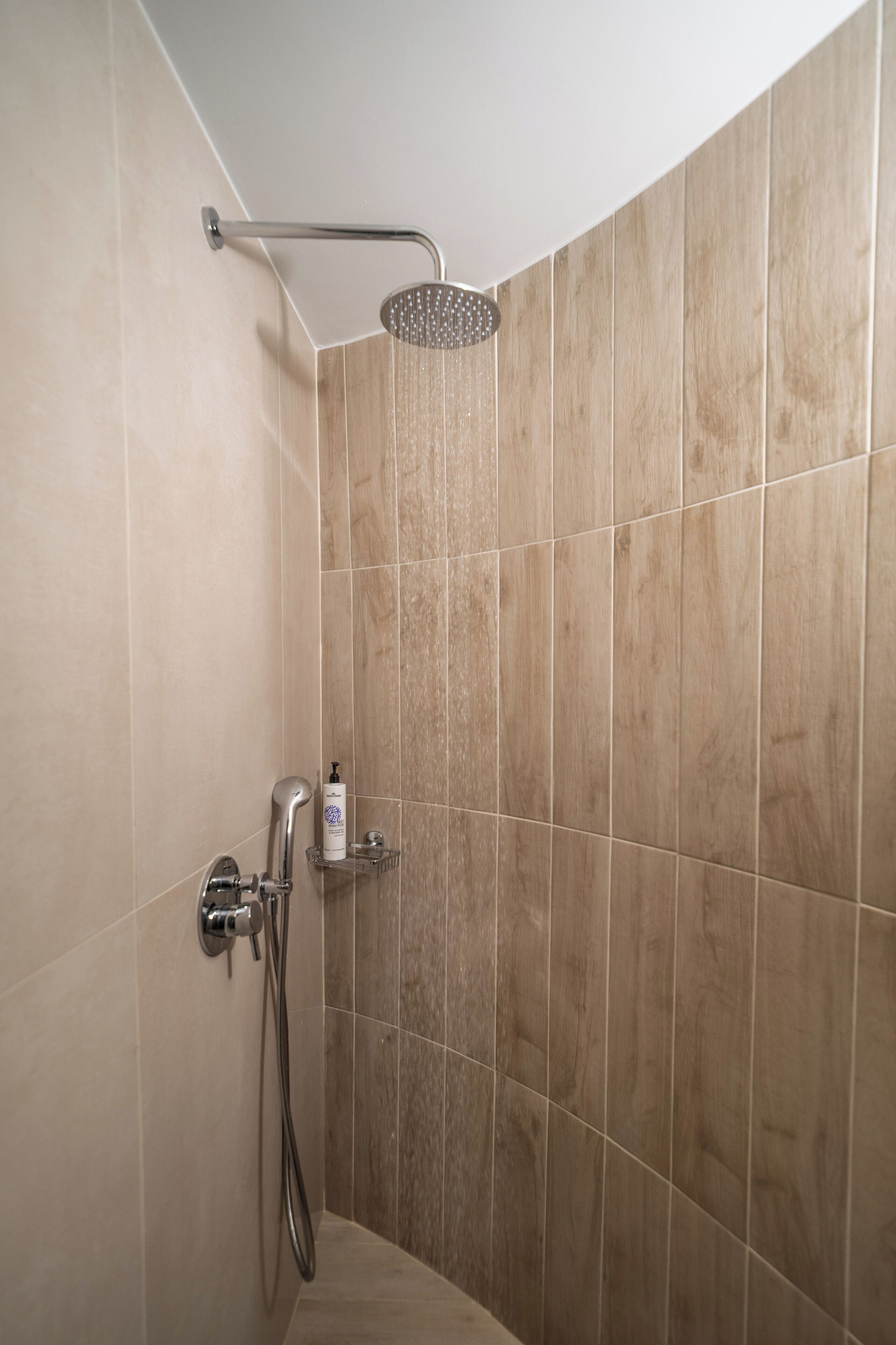 A shower area with a handheld showerhead, a wall-mounted faucet, and a soap dispenser on a shelf.