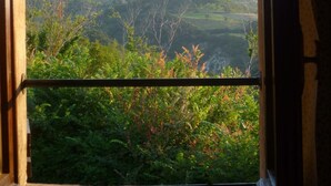 Una ventana con vistas a un paisaje montañoso.