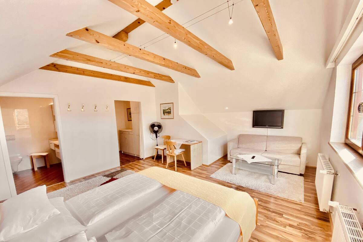 A spacious loft bedroom with a large bed, a sofa, a TV, and a dining area.