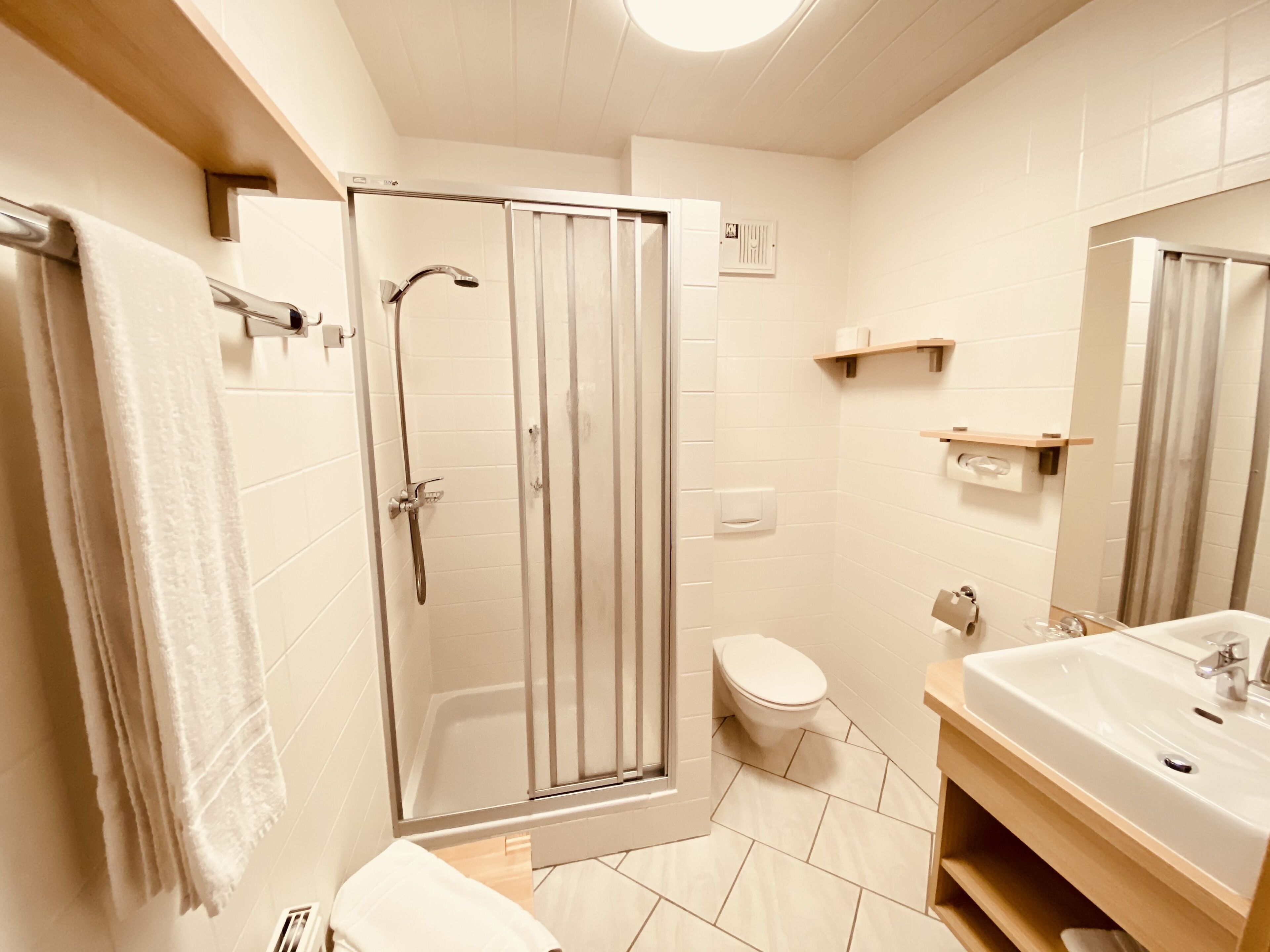 Ein modernes Badezimmer mit einer Duschkabine, einer Toilette und einem Waschbecken inklusive Spiegel.