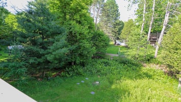 A lush garden with a variety of trees and a stone pathway.