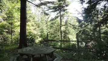 A rustic wooden picnic table in a forested area with a wooden fence in the background.