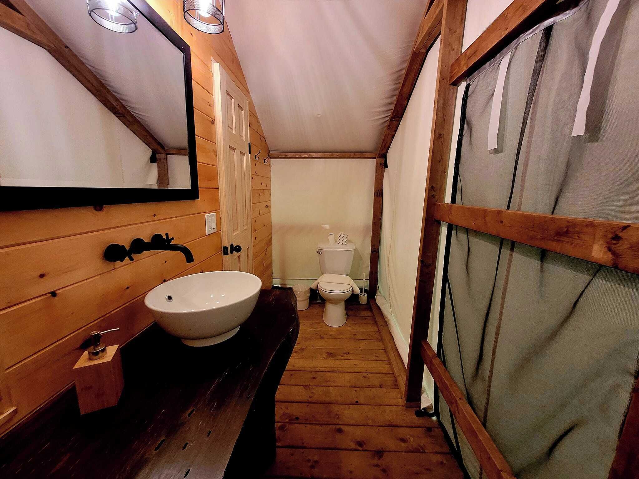 A narrow wooden bathroom with a large sink and a toilet.
