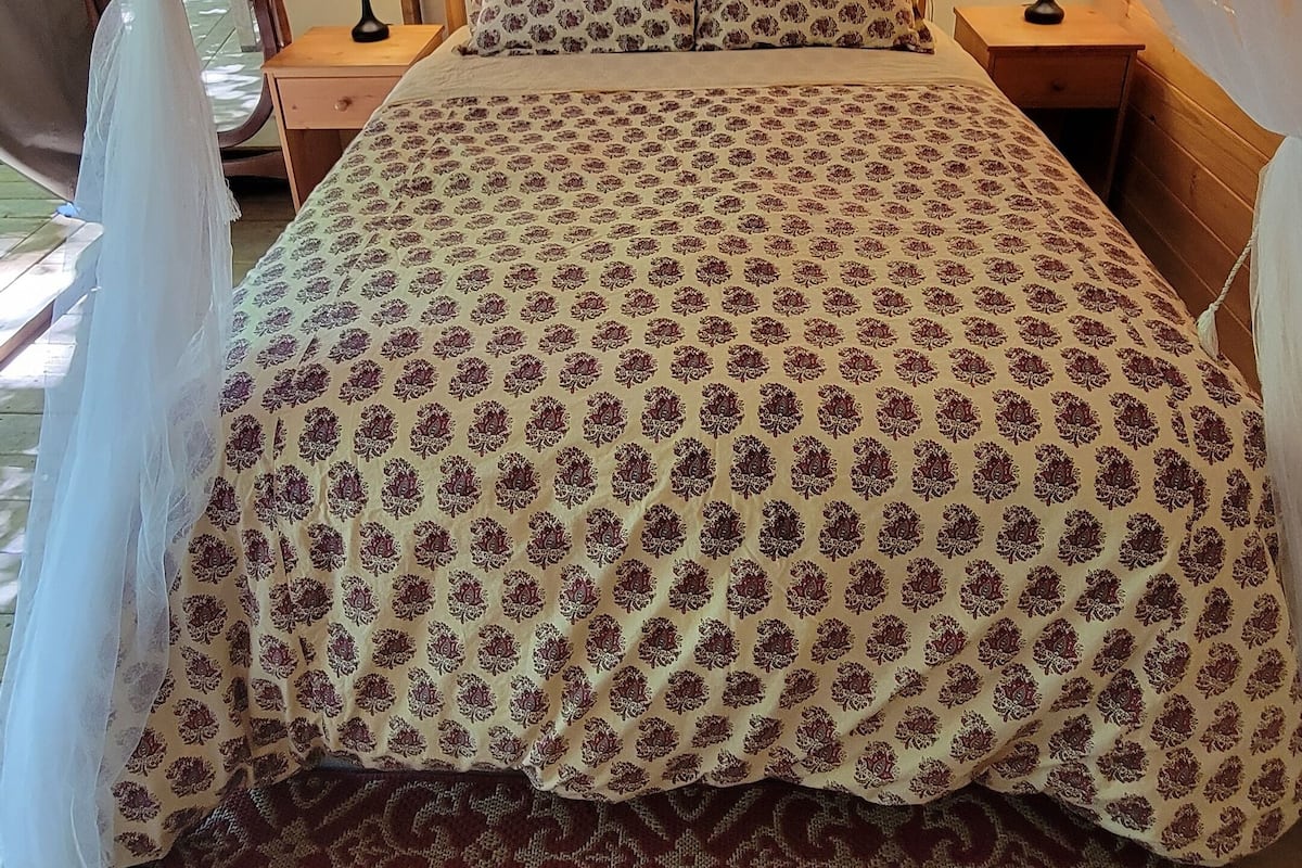 A bed with a patterned bedspread, a red and beige rug, and a canopy overhead.