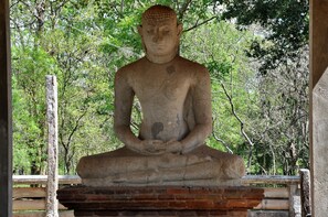 Suuri kivinen Buddha-patsas, joka on esitetty meditoivassa asennossa ja jonka ympärillä on vehreää kasvillisuutta.