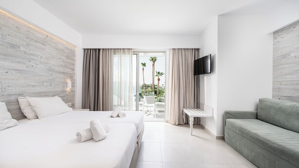 A hotel room with a large bed, a sofa, a TV, and a view of palm trees through the window. - Apollon Windmill Hotel (Kos)