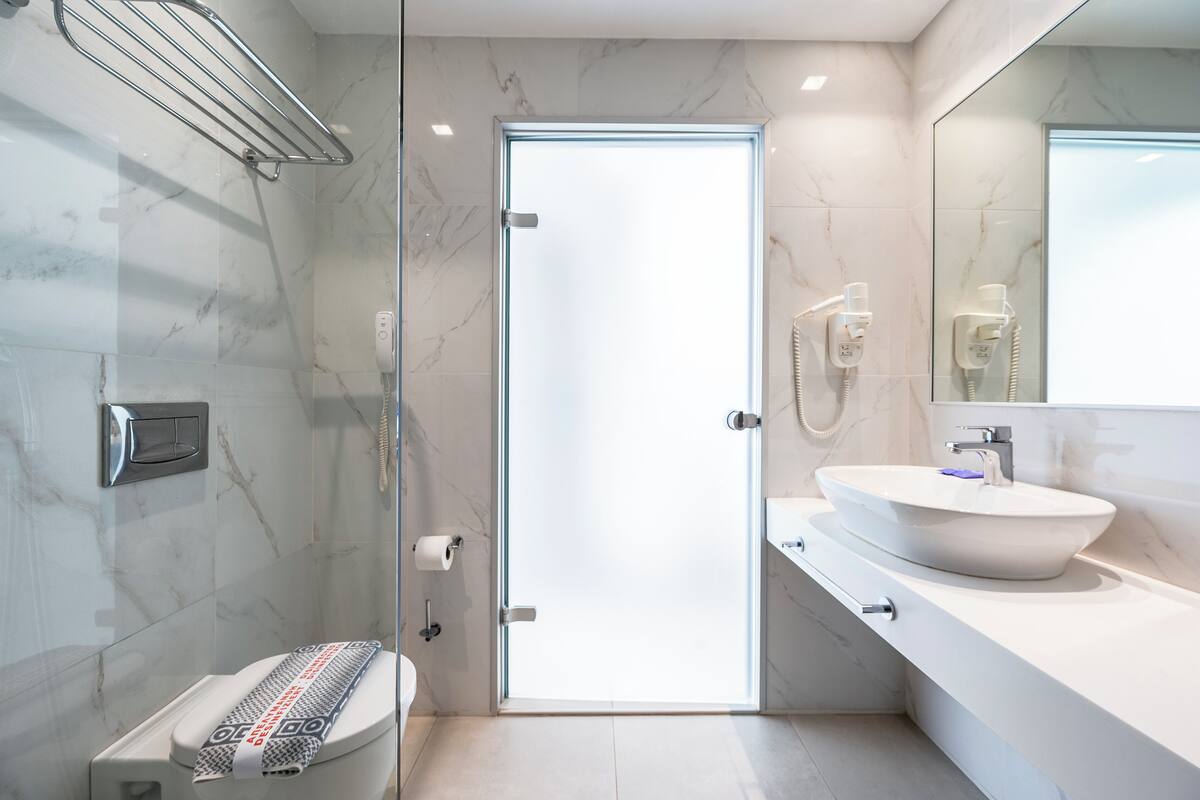 shower, free toiletries, hair dryer, towels