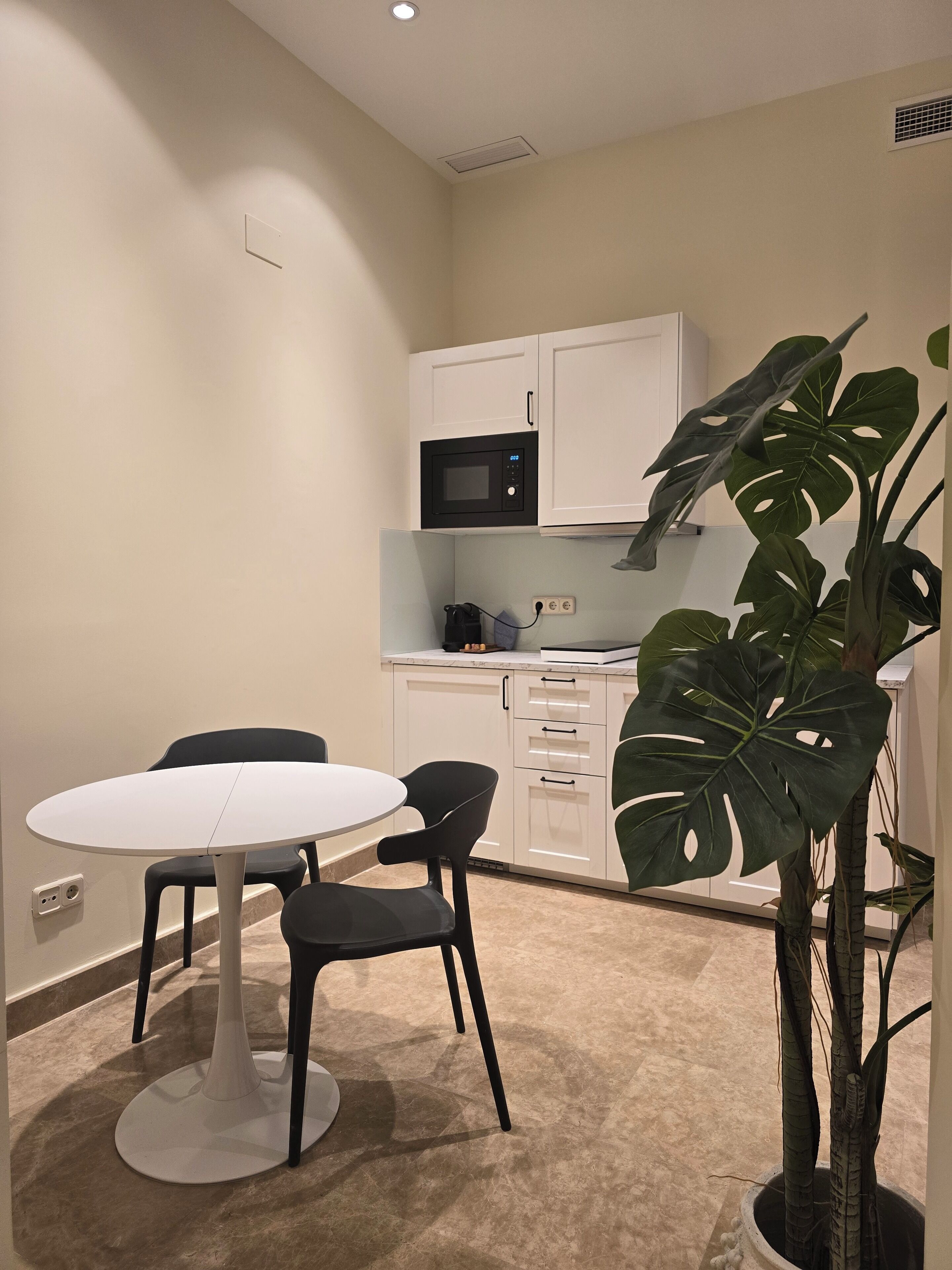 Una cocina pequeña y moderna con armarios blancos, un microondas y una planta en maceta.