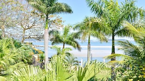 A tropical garden with palm trees and a view of the sea. - Encantos da Ilha Pousada (Florianópolis)