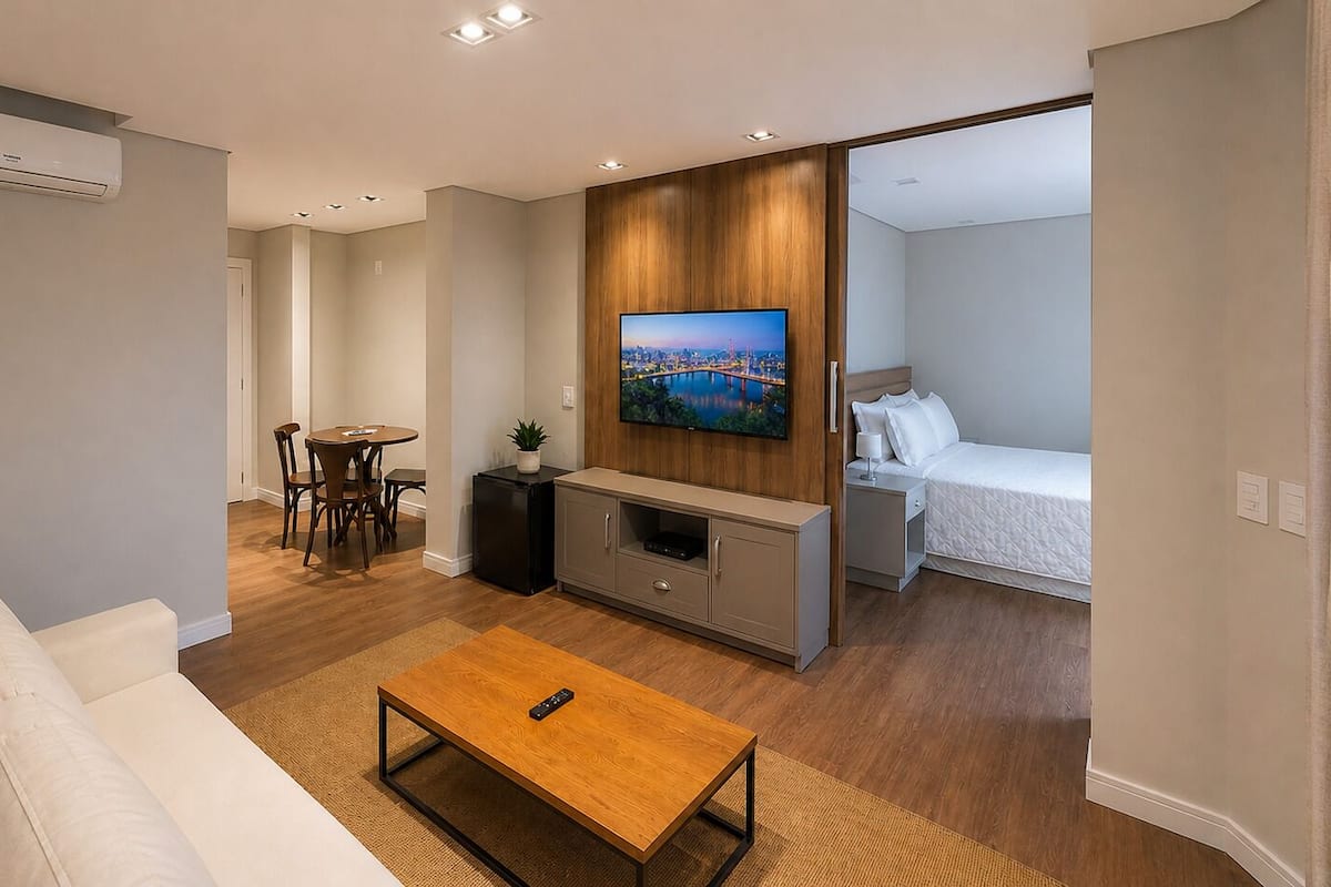 Un salon moderne comprenant un canapé, une table basse, un téléviseur et un coin repas avec des chaises et une table.