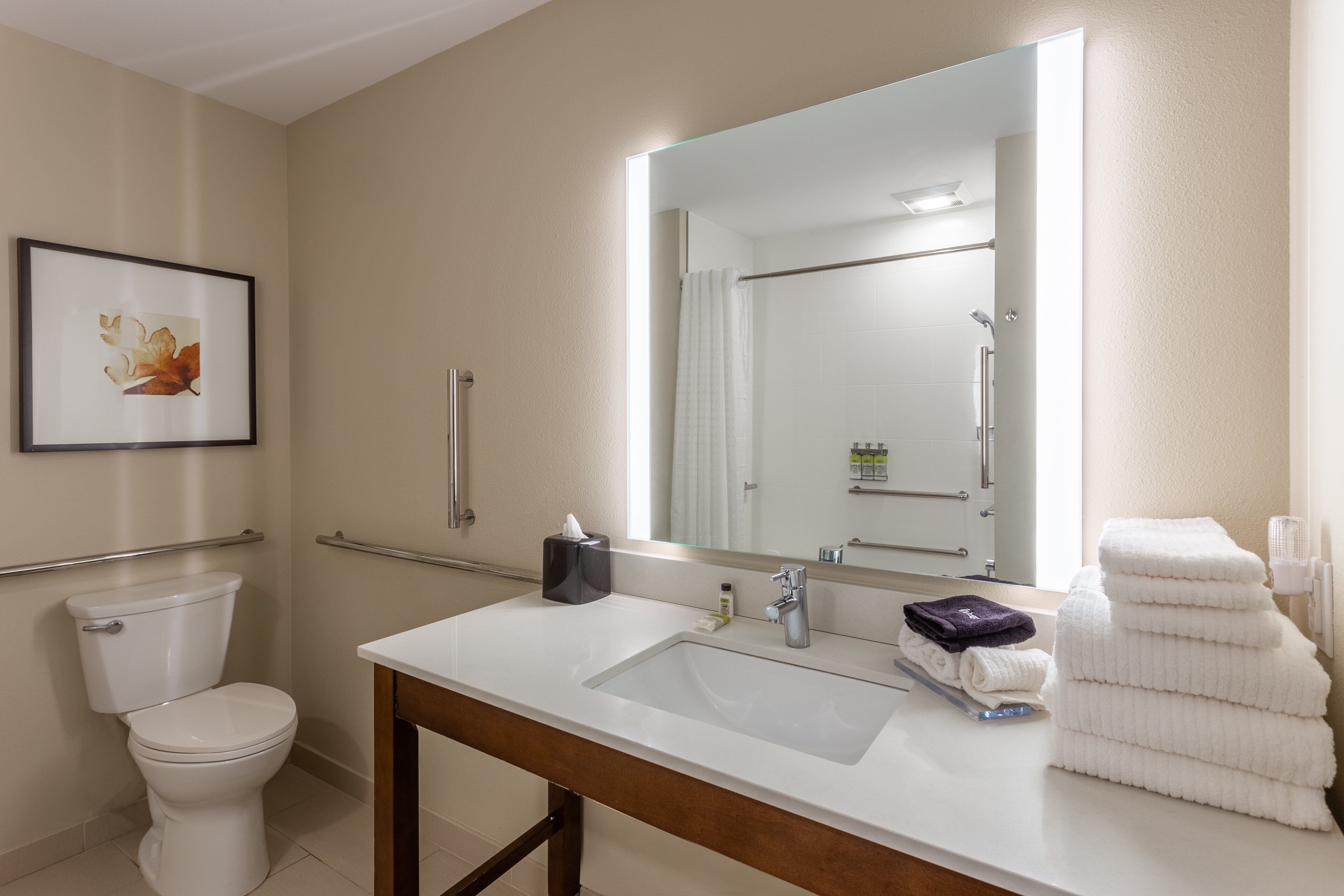 desk, laptop workspace, blackout curtains, iron/ironing board