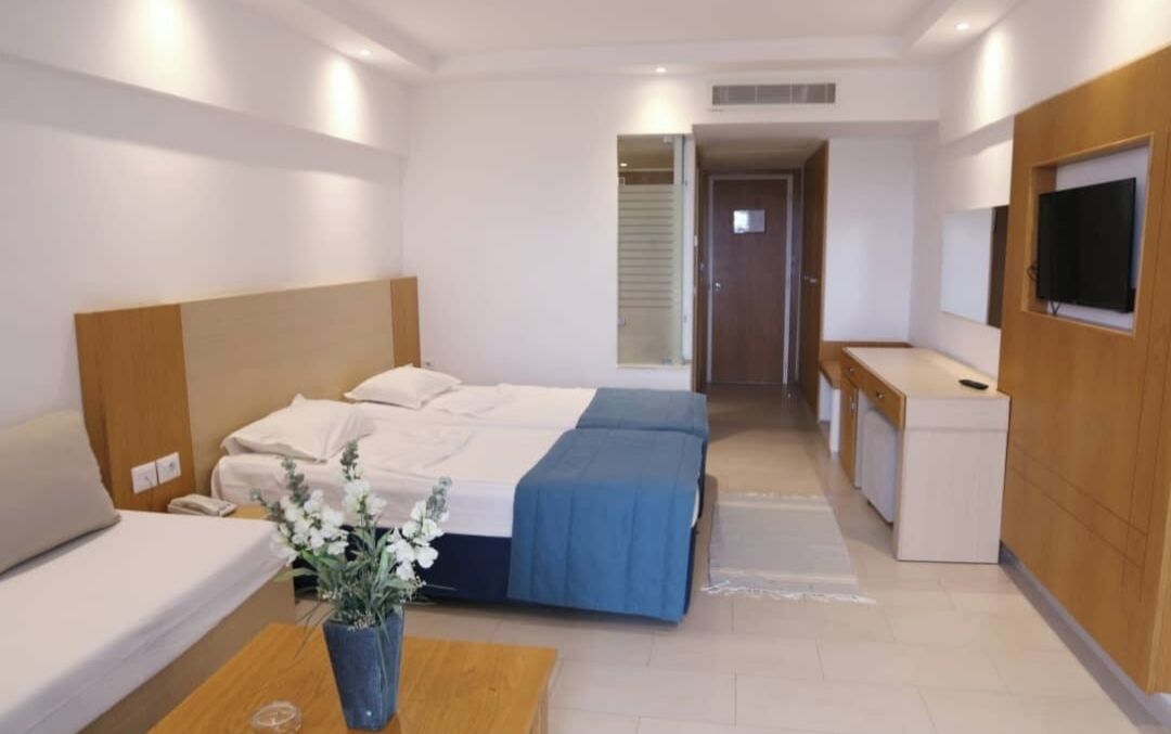Camera d'albergo con un letto, una scrivania, una televisione e un bagno visibile attraverso una porta aperta.