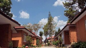 A row of wooden cabins with a gravel driveway and surrounding greenery. - Hotel Ciloto Indah Permai (Cipanas)