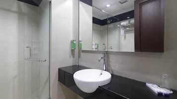 Shower, free toiletries, slippers, towels