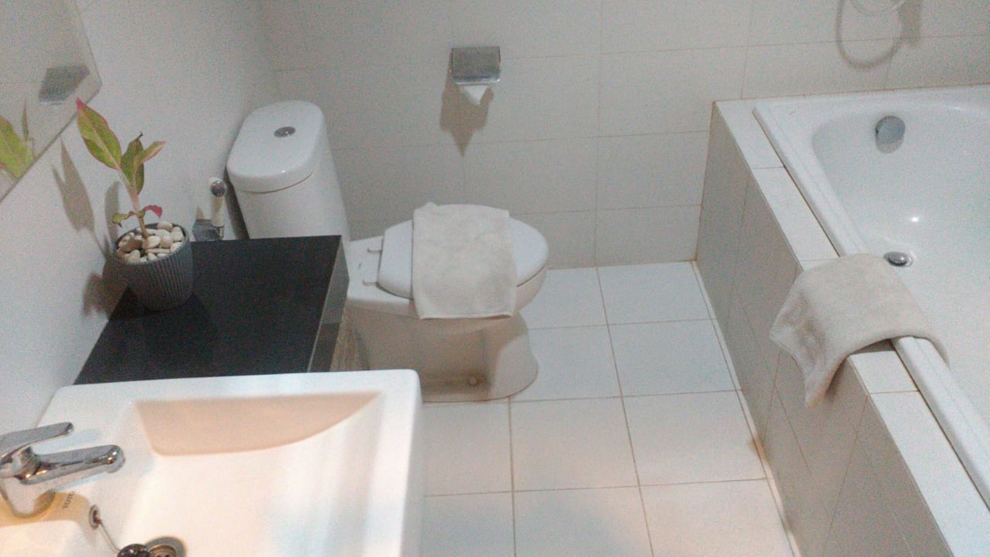 Une salle de bain avec des toilettes, un lavabo et une baignoire.