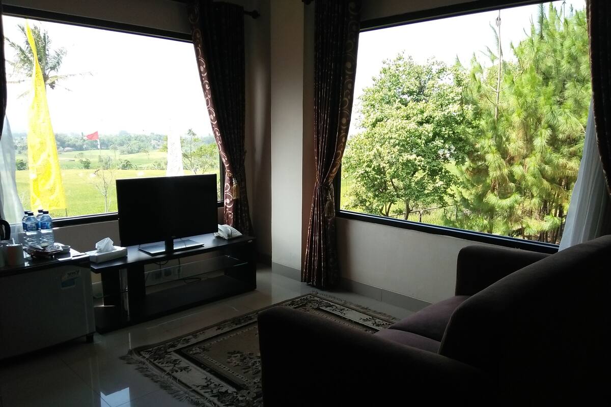 Sala de estar com televisão de tela plana em um suporte, sofá, mesa de centro e tapete. Há duas janelas com cortinas, uma mostrando vista de árvores e outra com uma bandeira.