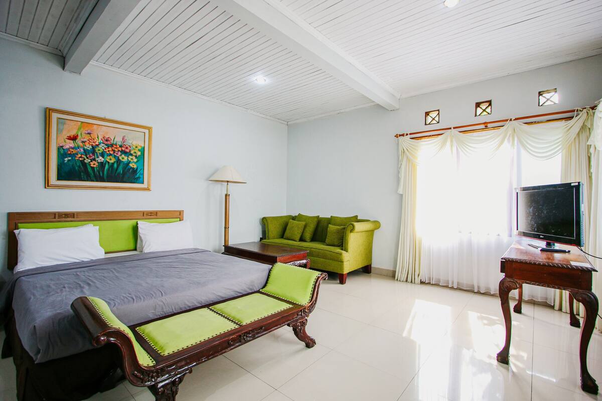 Quarto de hotel com uma cama, um sofá verde, uma televisão e um quadro na parede.
