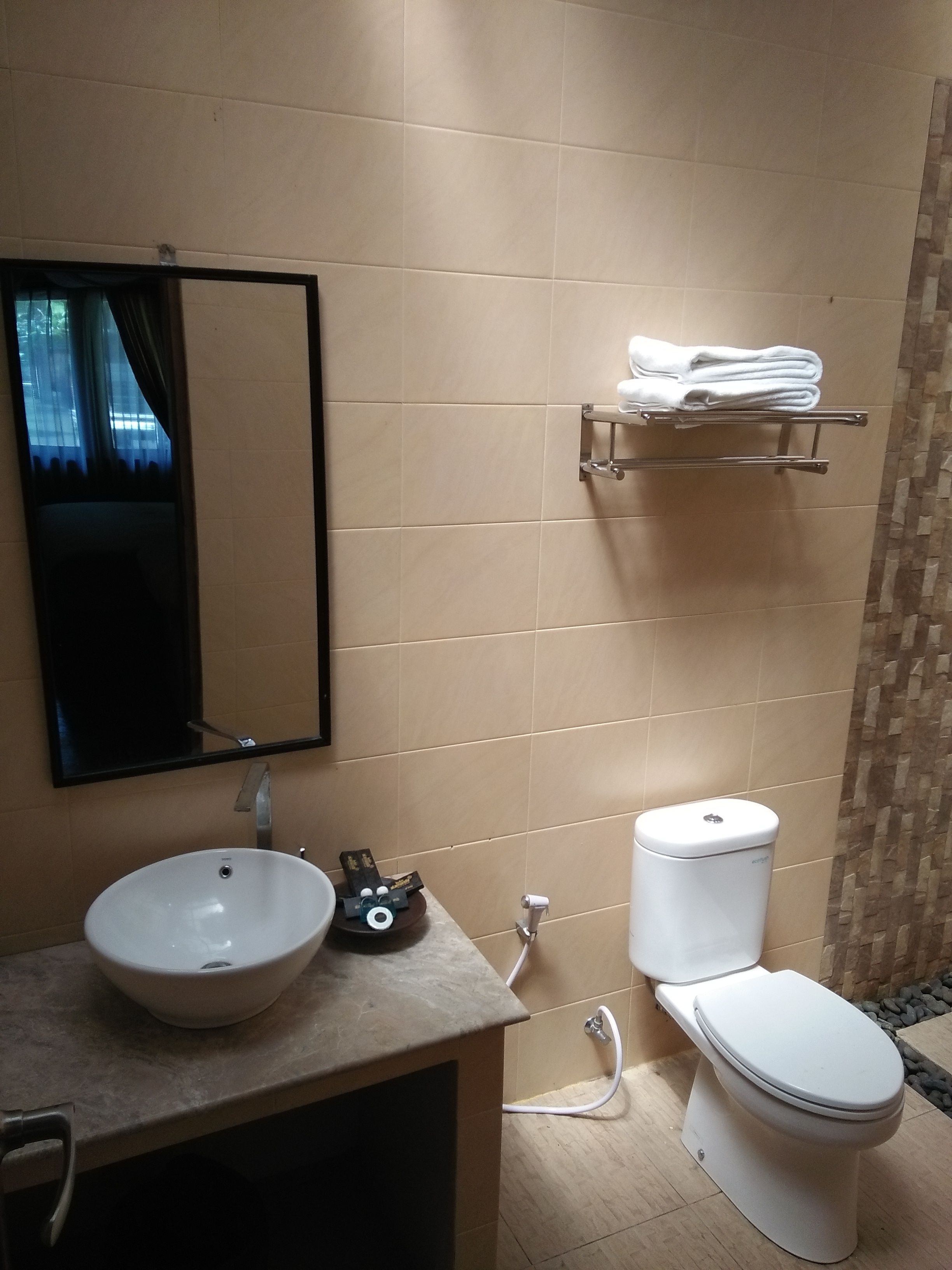Un baño con lavamanos, espejo, inodoro y perchero para toallas.