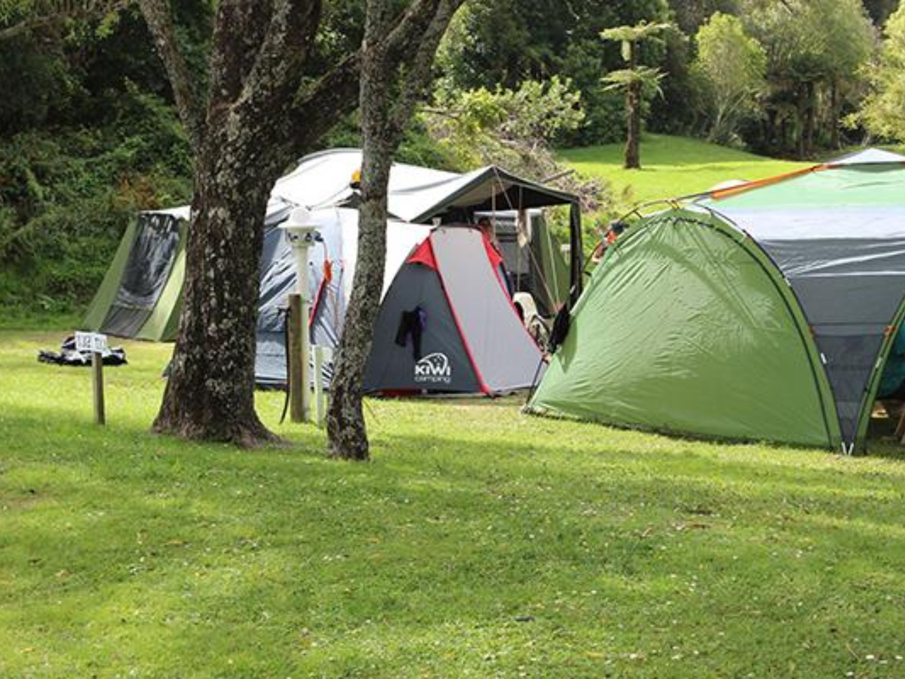 A campsite with several tents, including a prominent green tent and a grey tent with a logo.