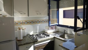 Cucina compatta con piano cottura a gas, lavello e frigorifero. Si vede una finestra con vista sull'esterno.