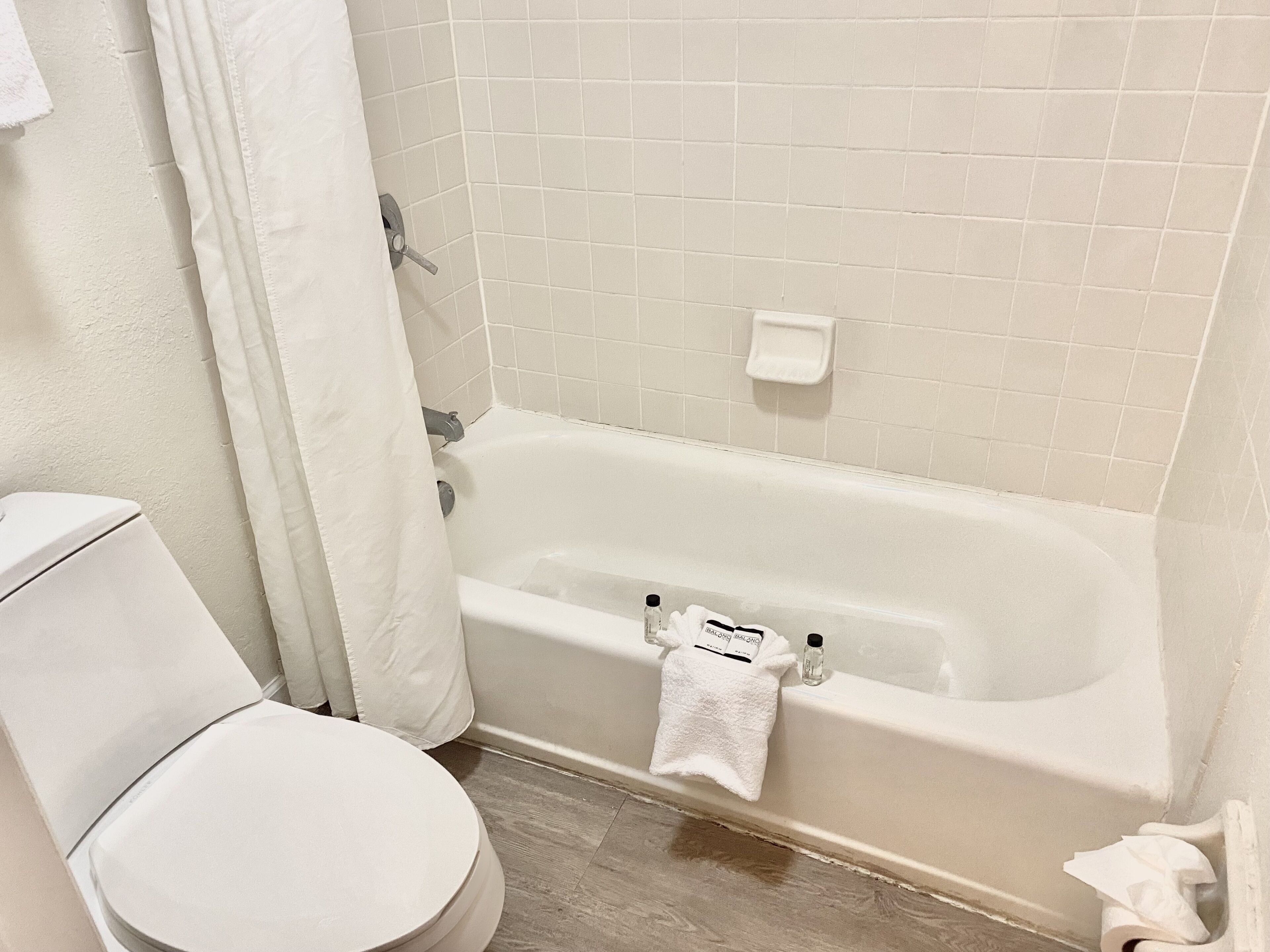 A bathroom with a white toilet, a bathtub, and a shower curtain.