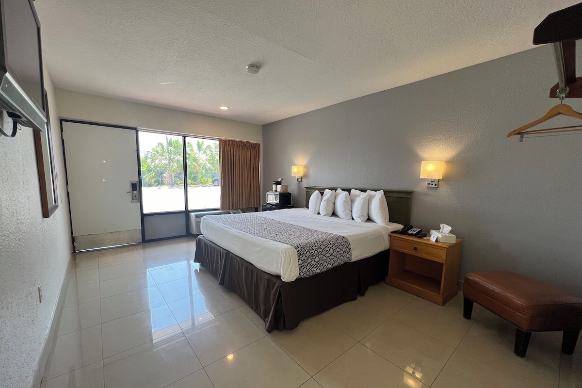 A hotel room with a large bed, a bedside table with a lamp, a bench, a TV, and a sliding door to the outside.