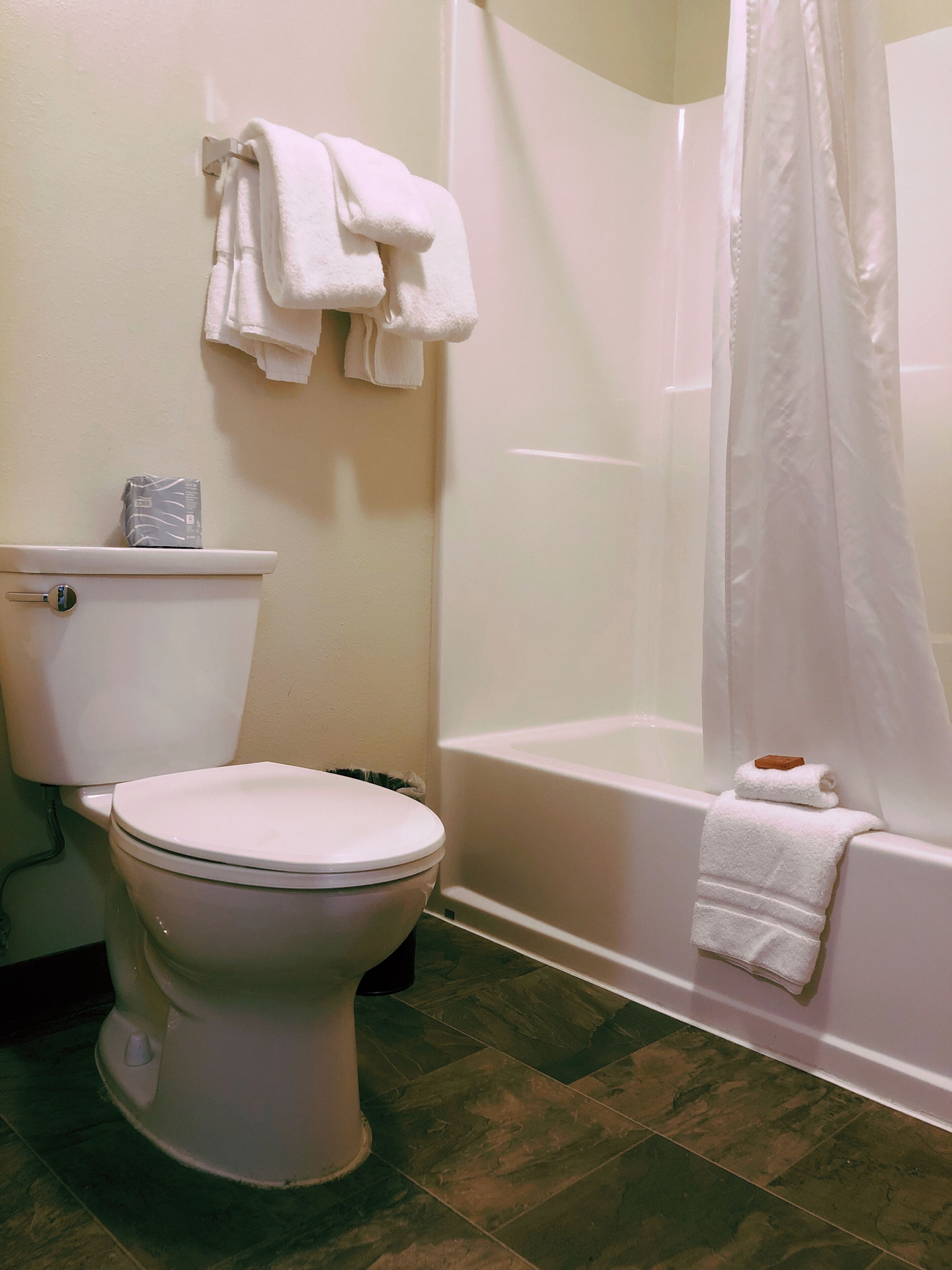 combined shower/bathtub, hair dryer, towels, soap