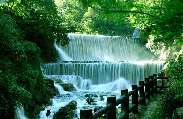 A waterfall cascading over rocks in a forested area with a wooden fence in the foreground.