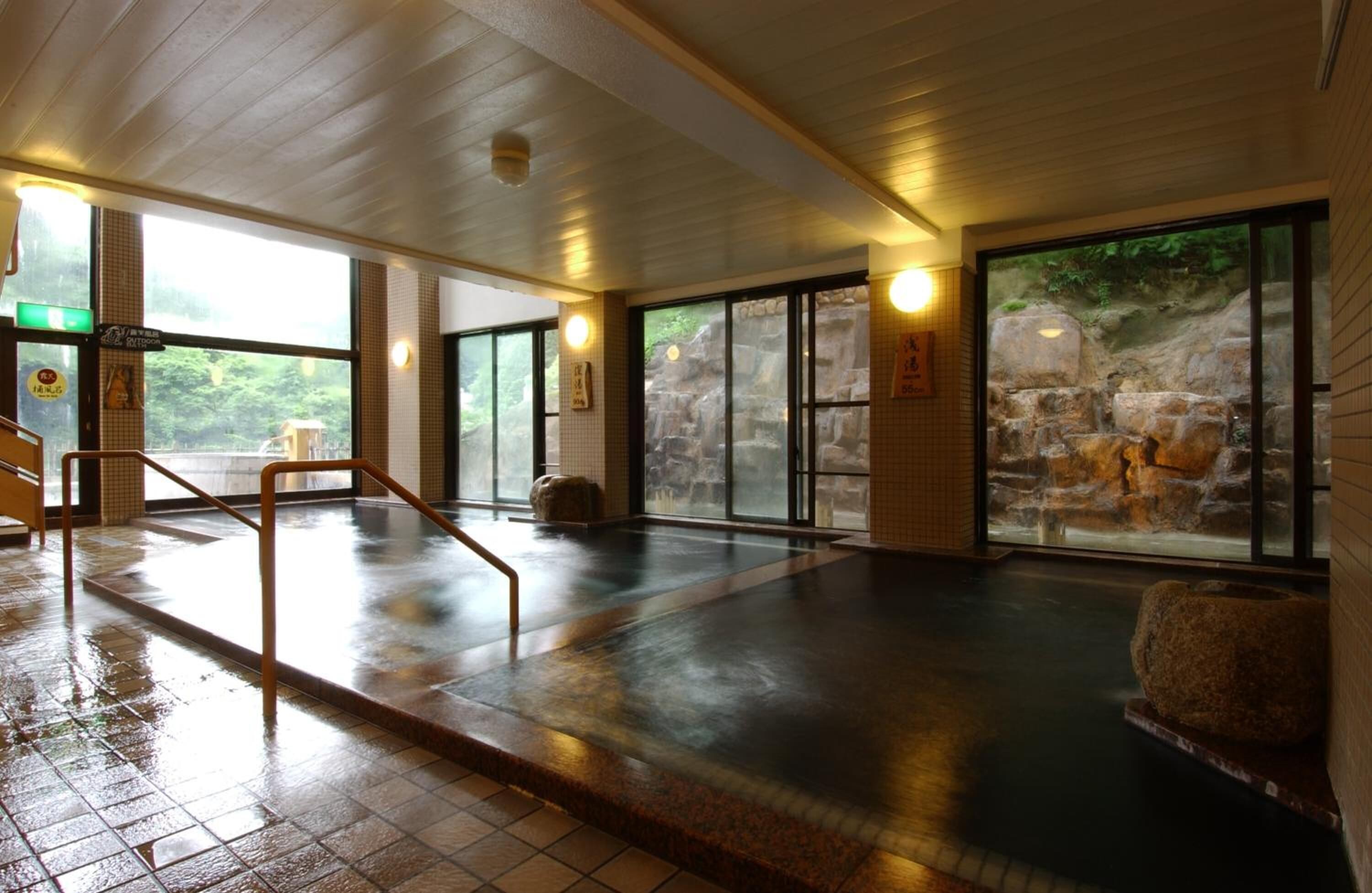 Amplia zona de piscina interior con pared de piedra y vistas al exterior.