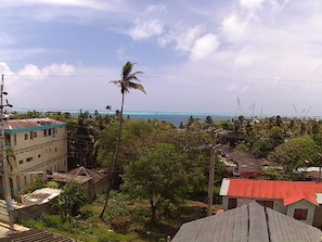 A coastal area with buildings, a palm tree, and a view of the sea. - Sweet Sand Hostel (Isla de San Andres)