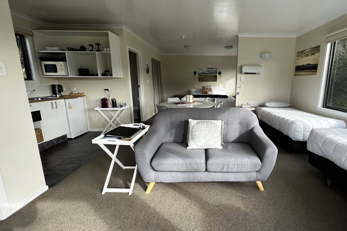 A compact, modern room with a grey sofa, a small dining table, a kitchenette, and a bed with a view of greenery through the window.