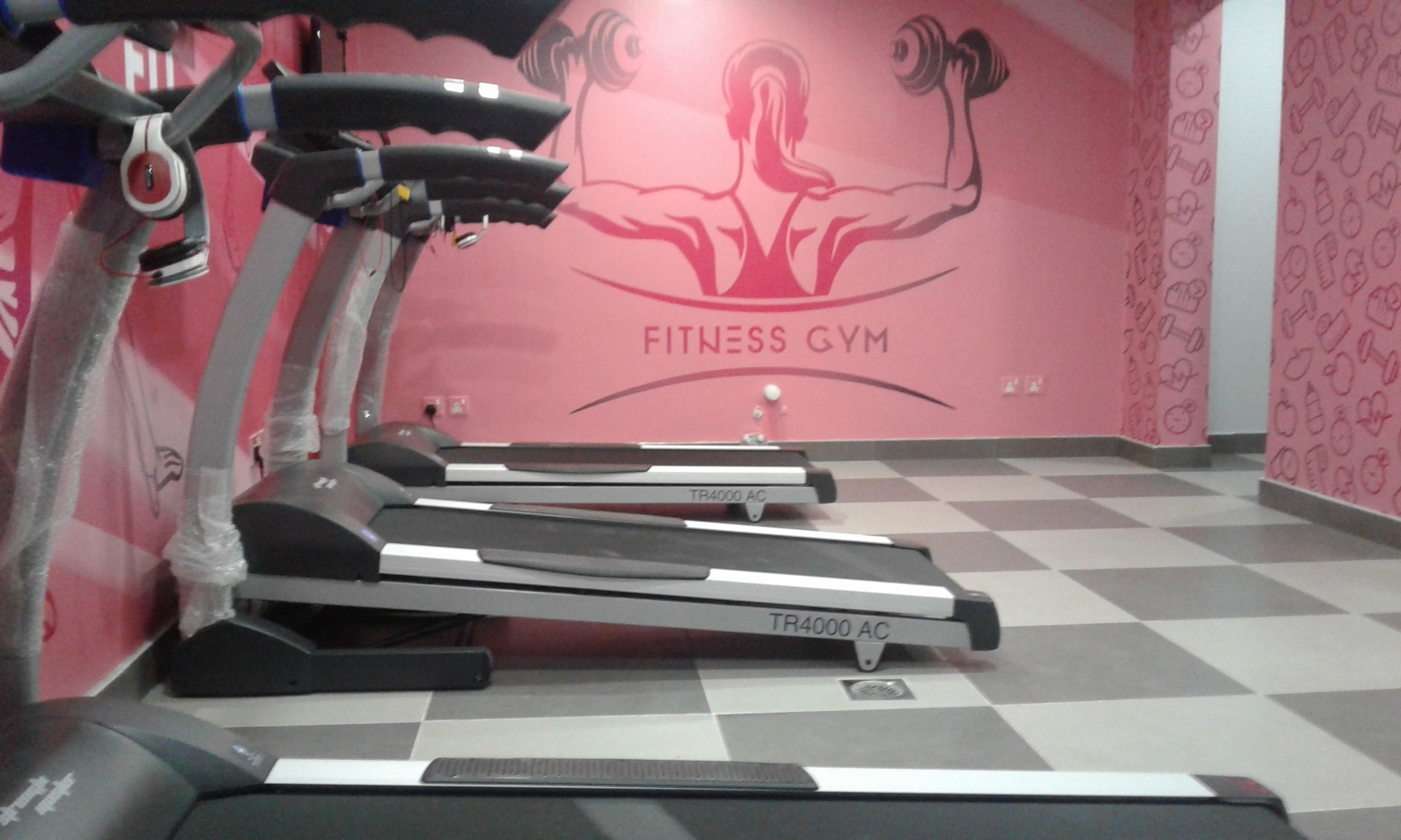 A fitness gym with treadmills and a wall mural.