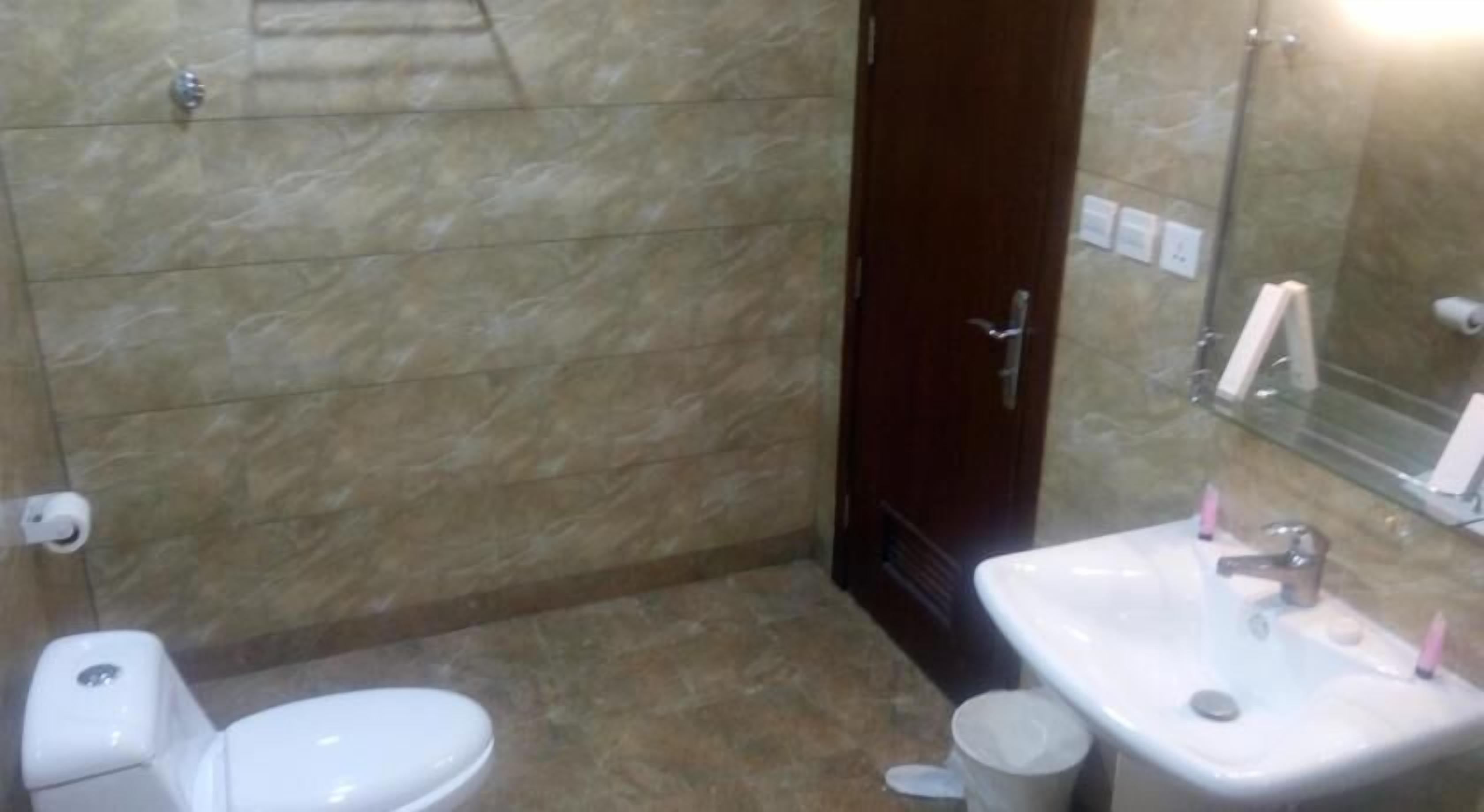 Een badkamer met toilet, wastafel en spiegel.
