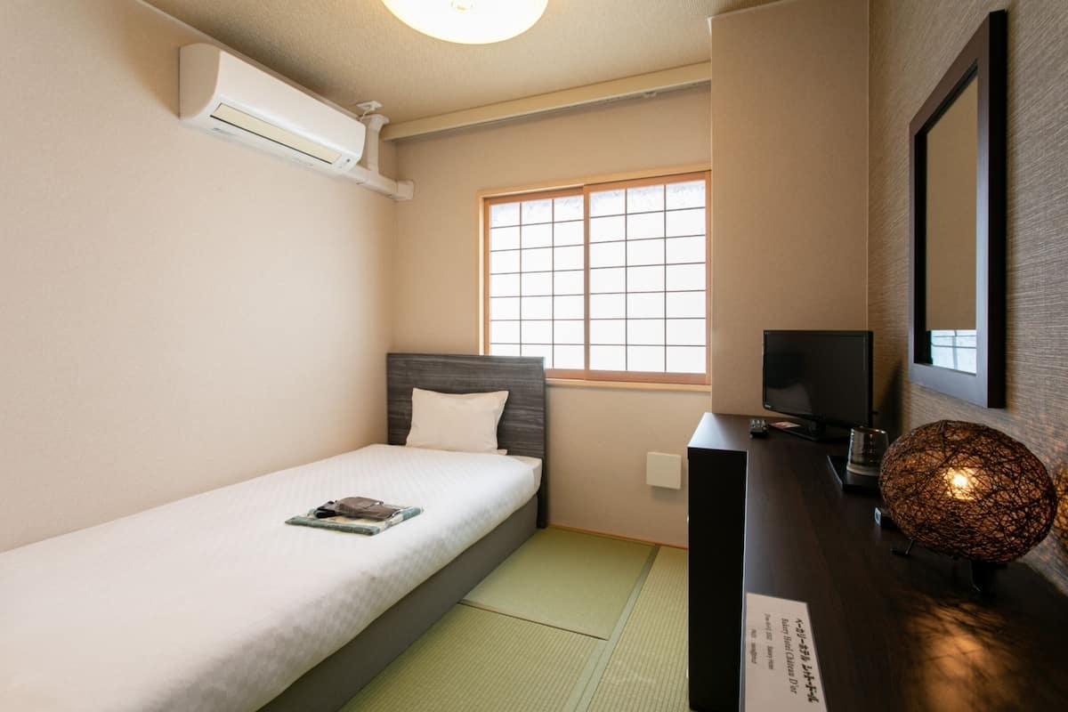 Habitación de hotel compacta con una cama individual, un escritorio pequeño con un televisor, aire acondicionado de pared y una ventana con vistas.