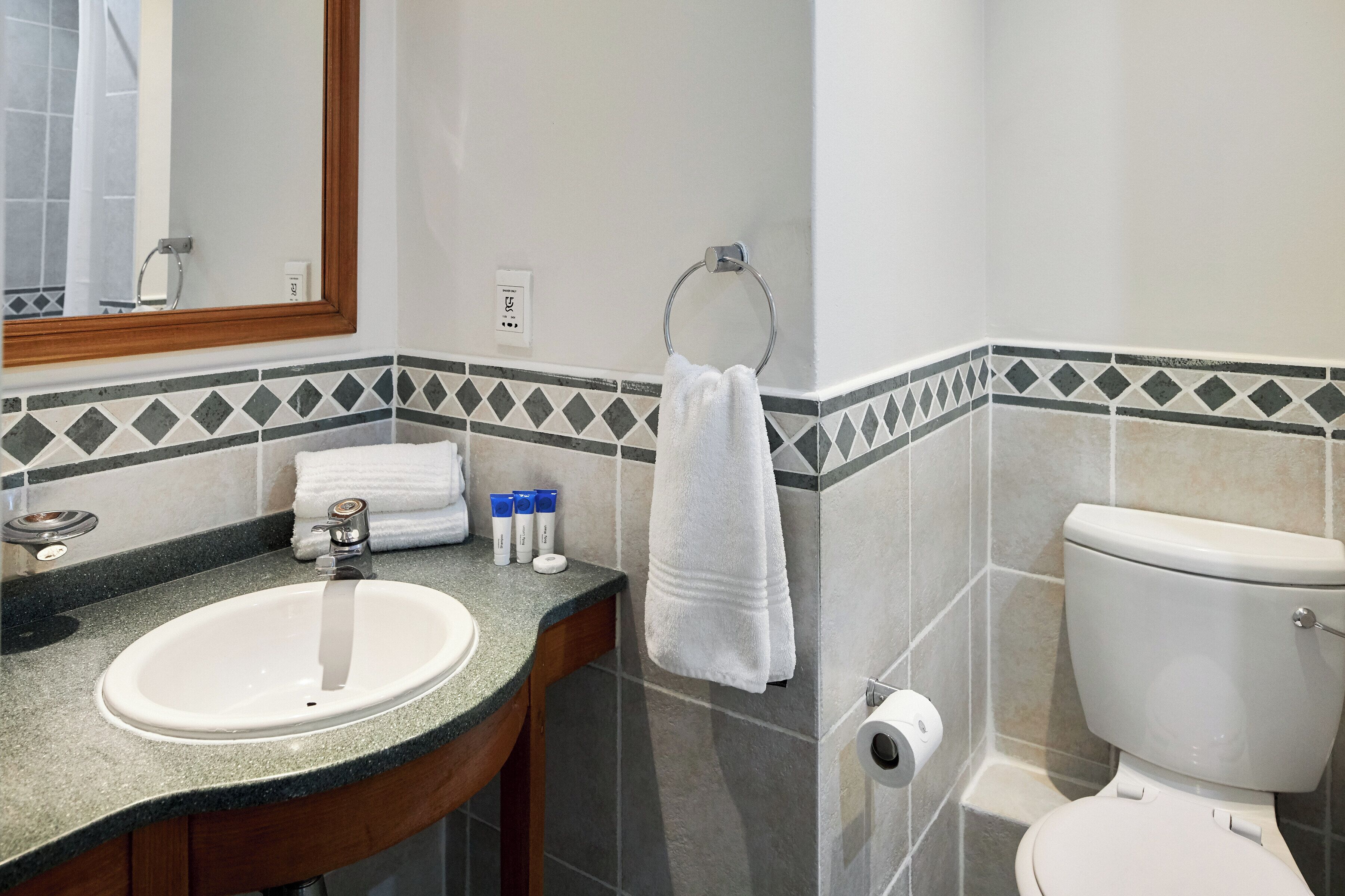 A bathroom with a sink, mirror, toilet, and towel rack.
