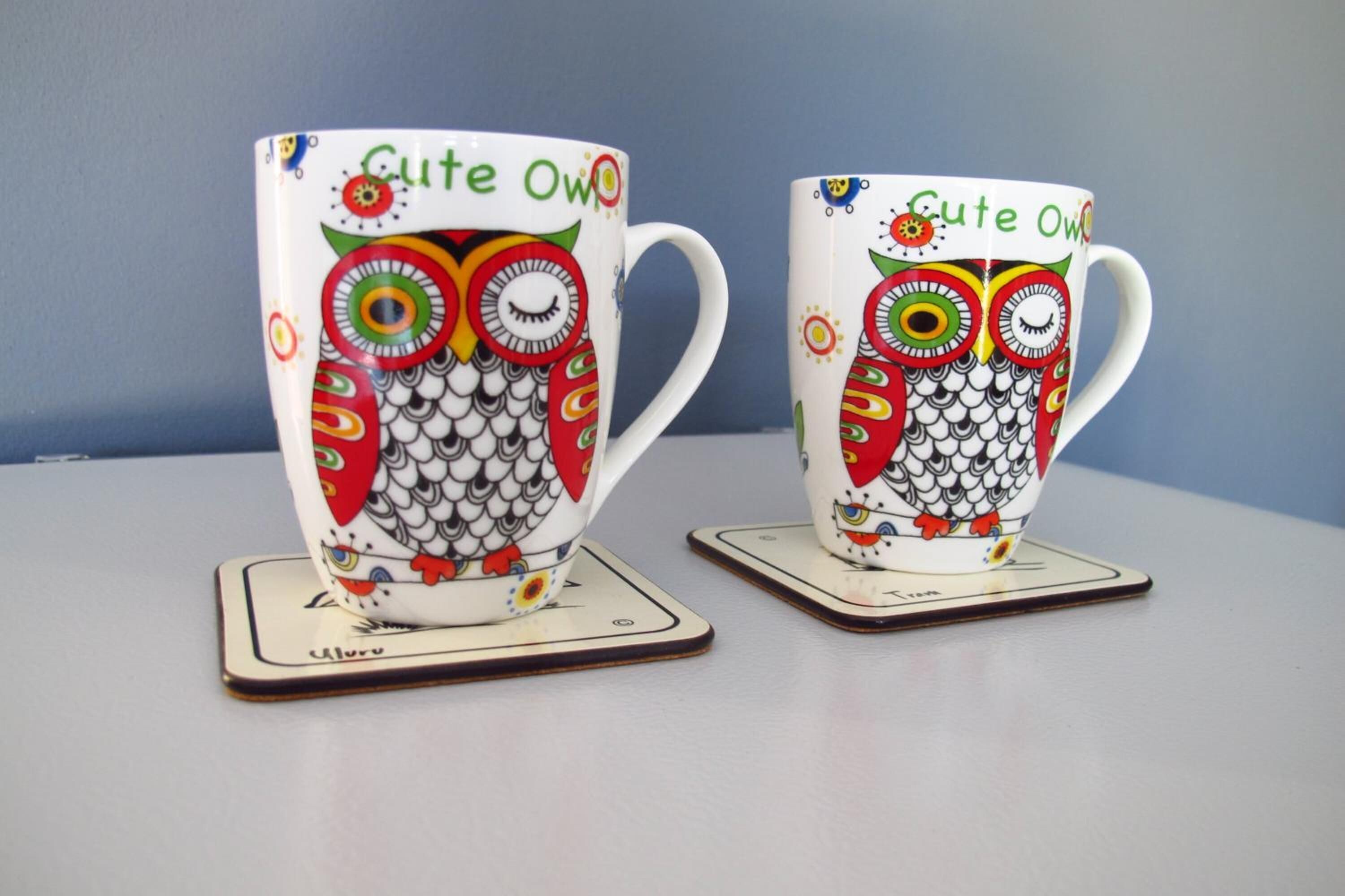 Dos tazas blancas de cerámica con diseños de búhos coloridos y el texto "Cute Owl" sobre una superficie plana.