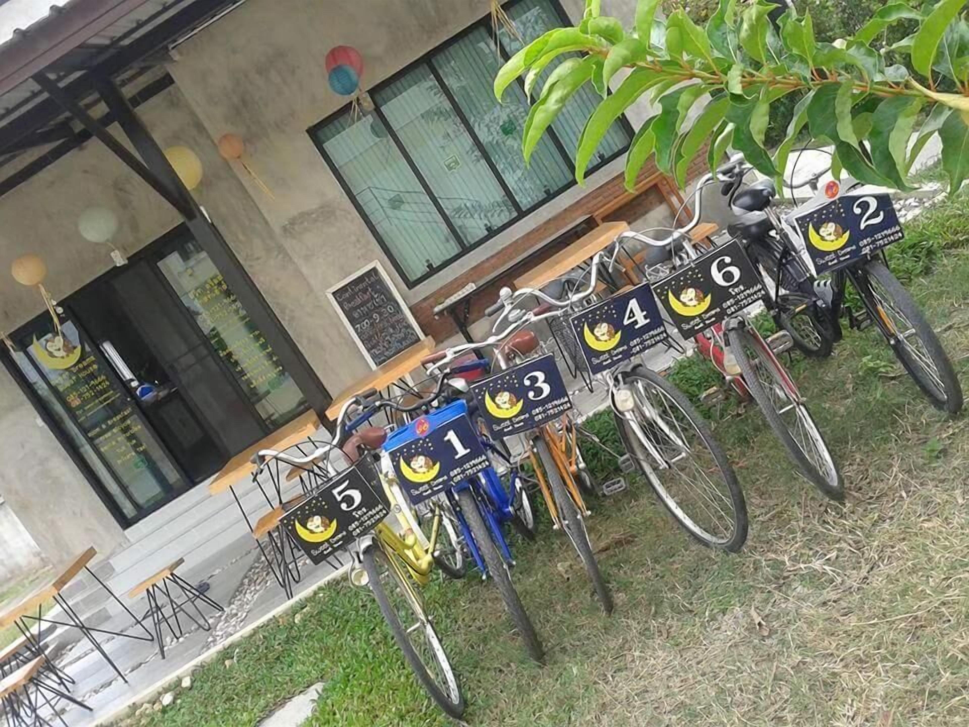 Bicycles with numbered signs, a building with a window, and a plant.