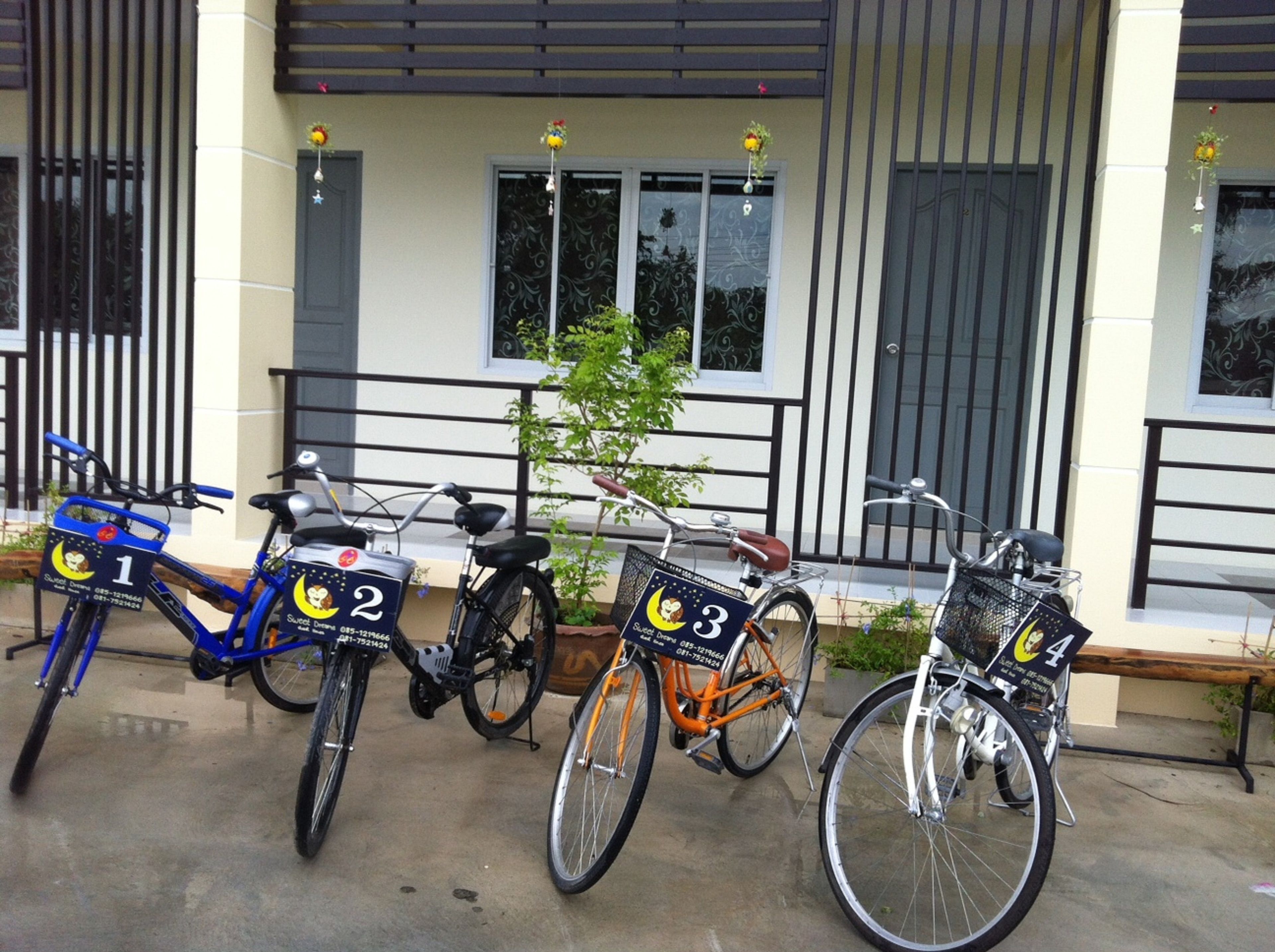 Quatre vélos sont garés devant un immeuble doté d’un balcon et agrémenté de plantes décoratives.