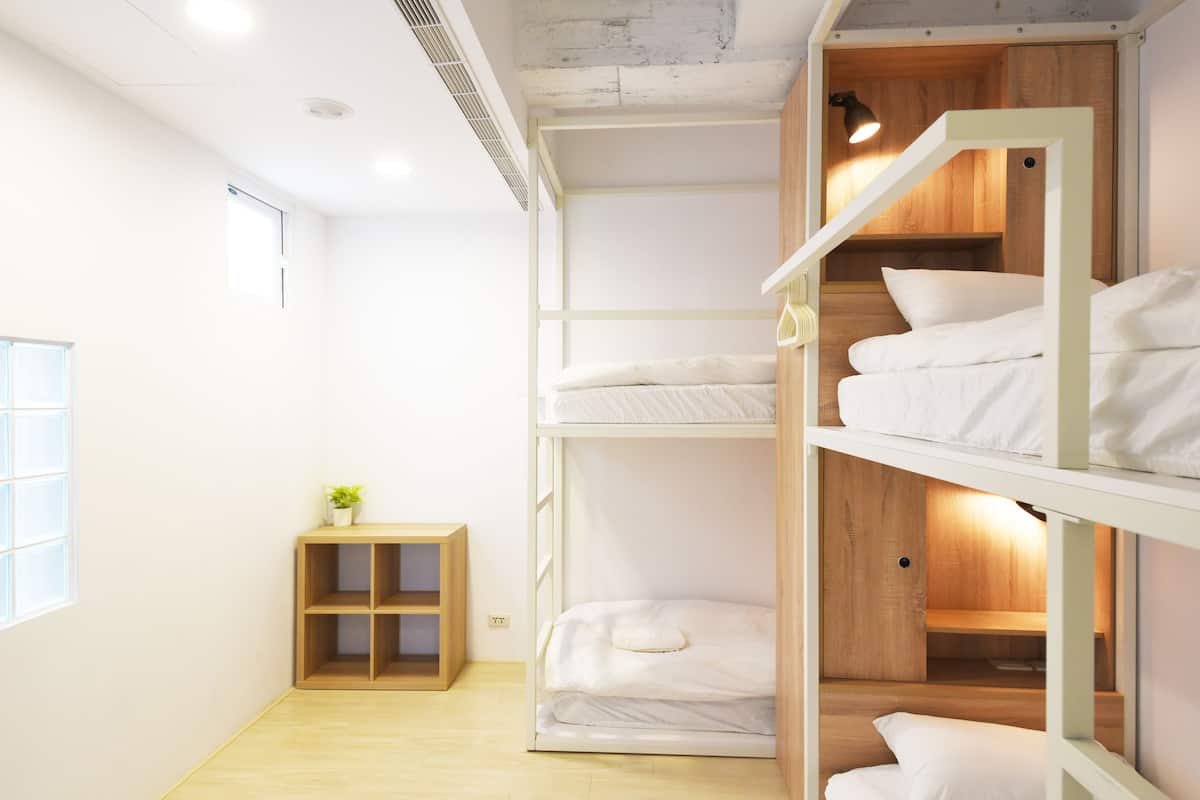 Une chambre avec un lit superposé, une étagère en bois et une petite plante.