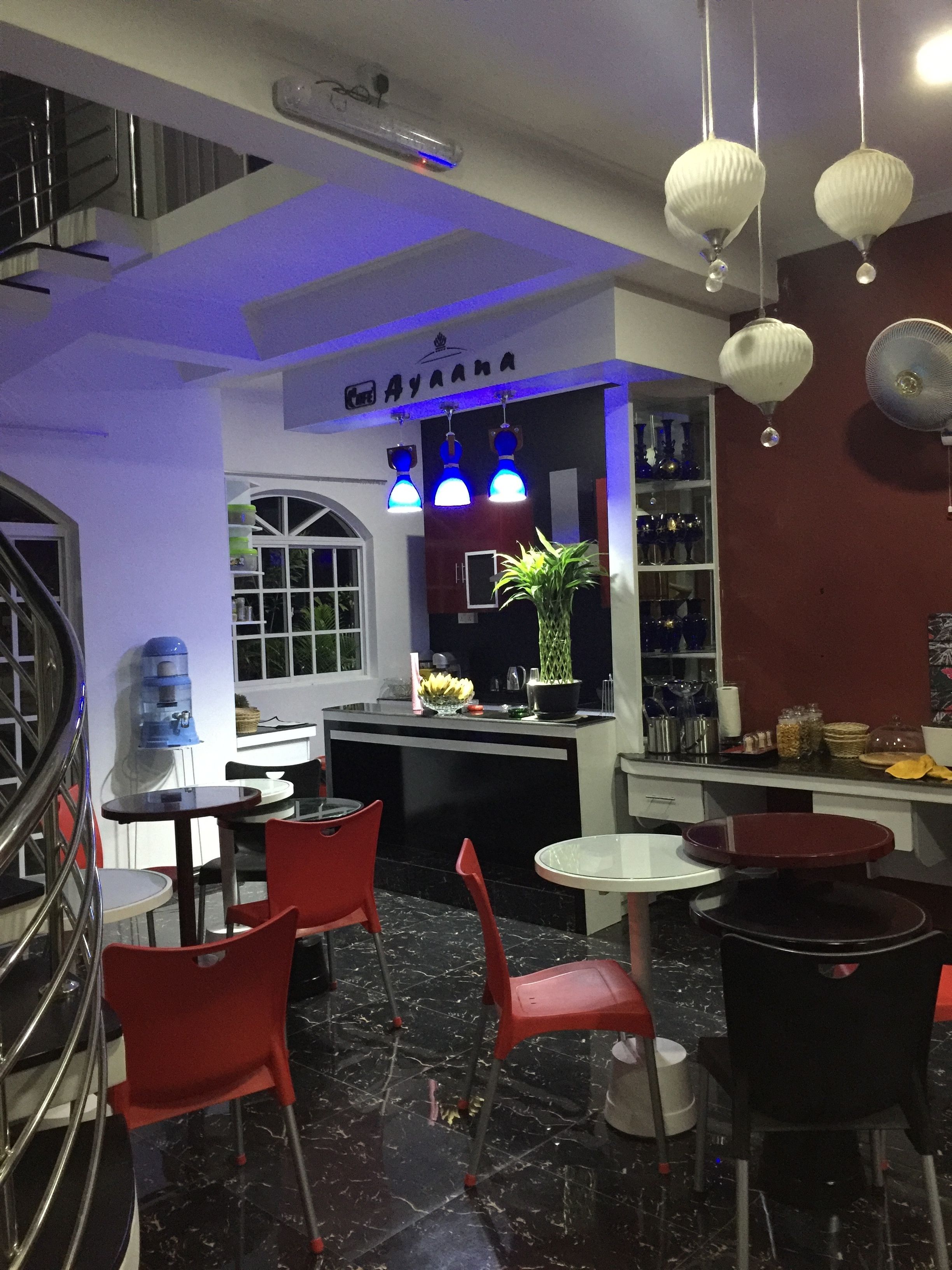 A restaurant interior with a bar area, red chairs, a water dispenser, and a potted plant.