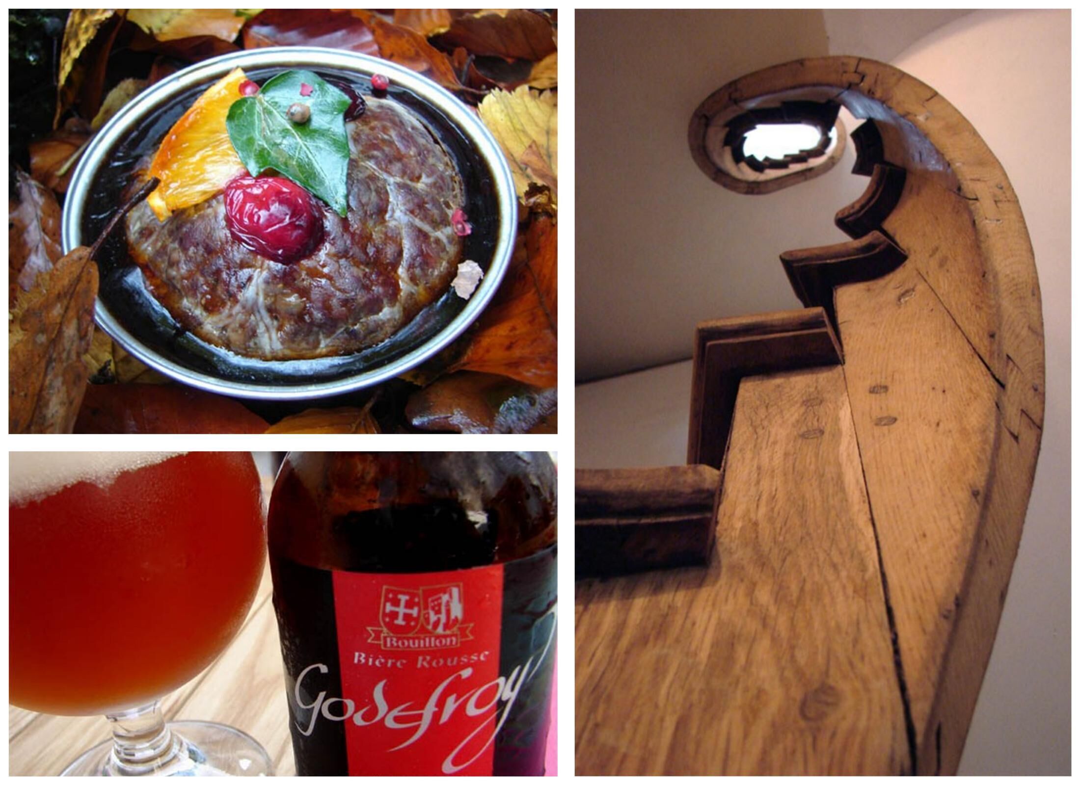 A wooden chair with a unique curved backrest, a bowl of food garnished with a cherry and orange slice, and a bottle of Boulton Biere Russe wine.