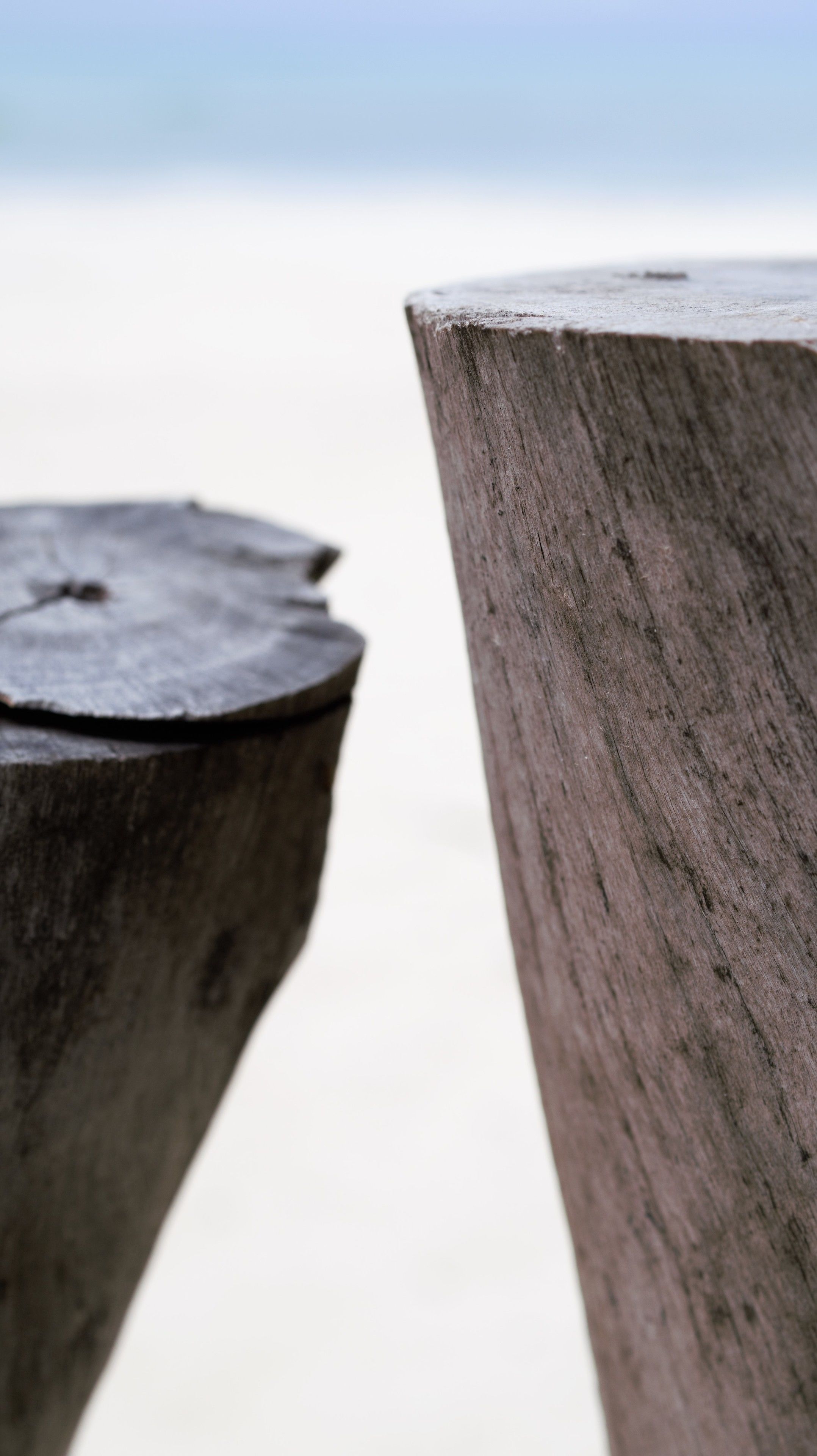 A close-up of two wooden posts with a blurred beach and ocean in the background.