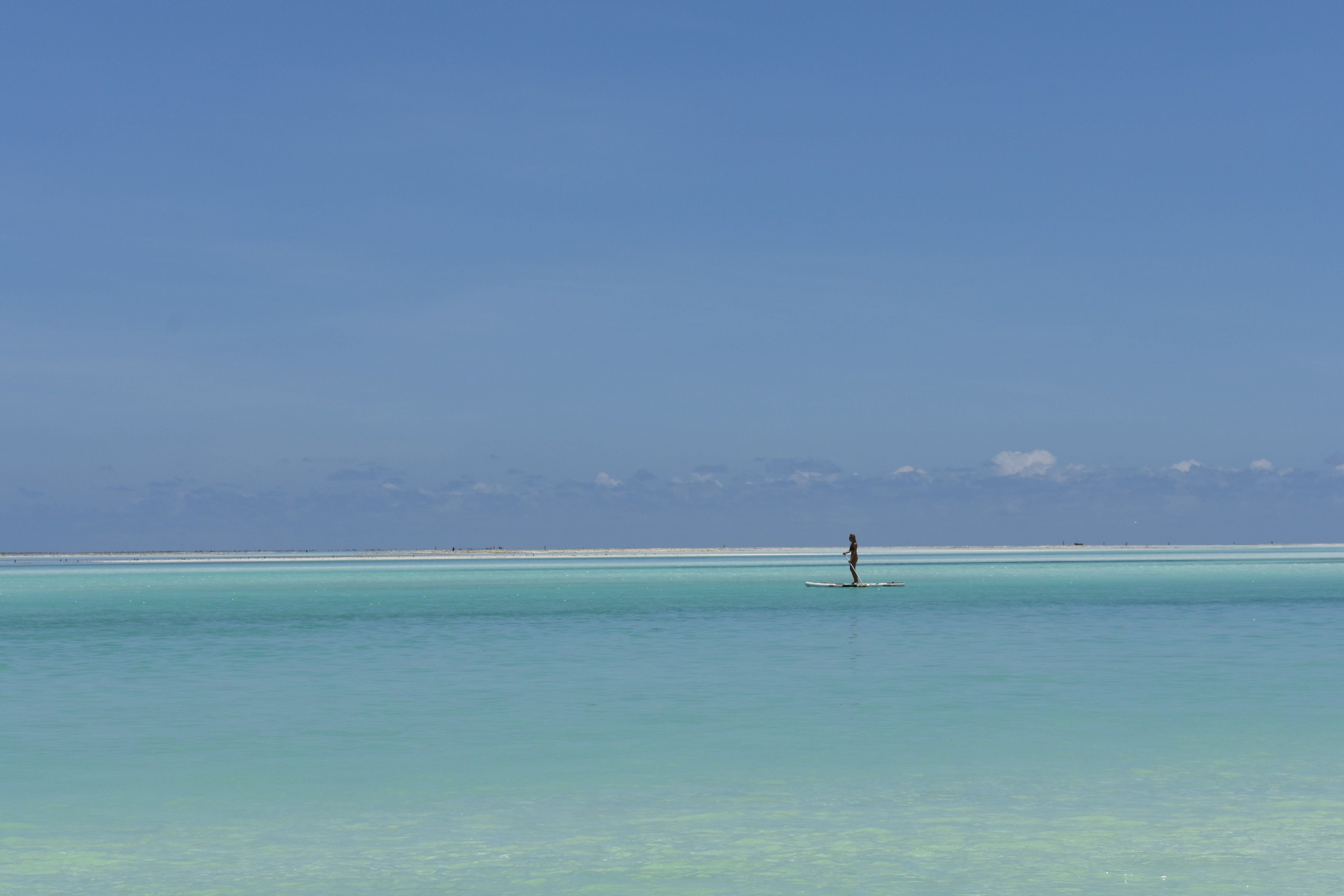 A person paddleboarding on clear turquoise waters with a distant shoreline.