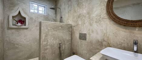 A bathroom with a walk-in shower, a toilet, and a sink.
