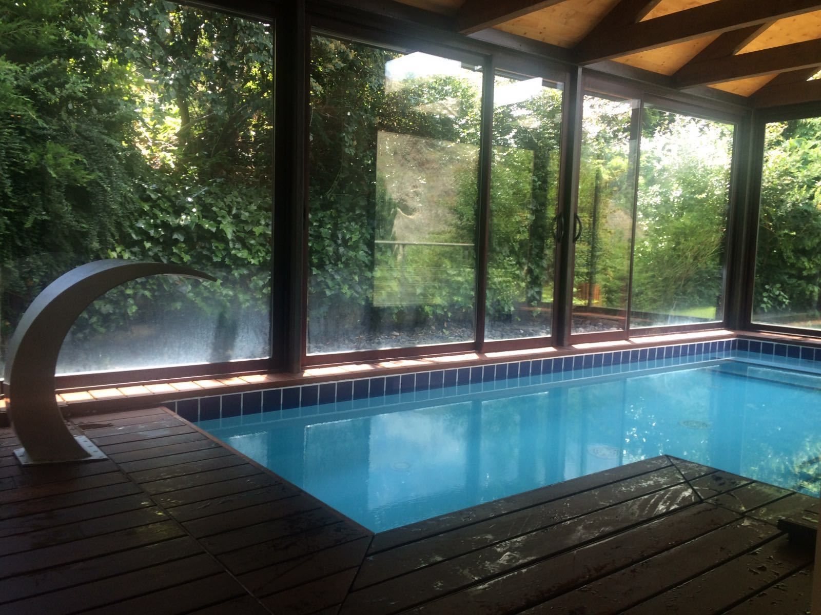 A swimming pool with a wooden deck, surrounded by large windows offering views of lush greenery.