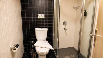 Un baño con inodoro, ducha y soporte para papel higiénico.