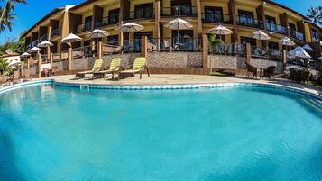 Outdoor pool, pool umbrellas, pool loungers