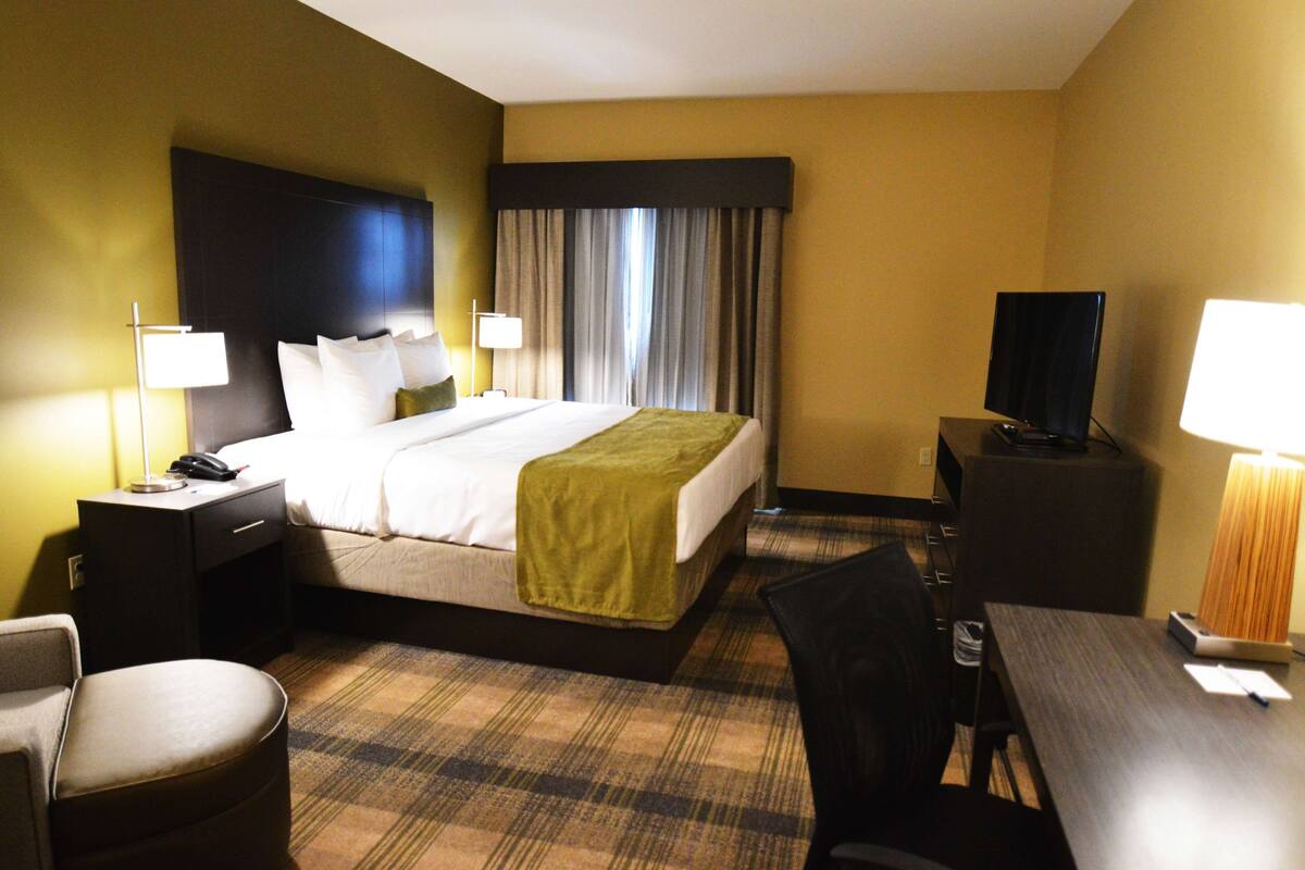 A hotel room with a bed, a desk, a chair, a television, and a lamp.